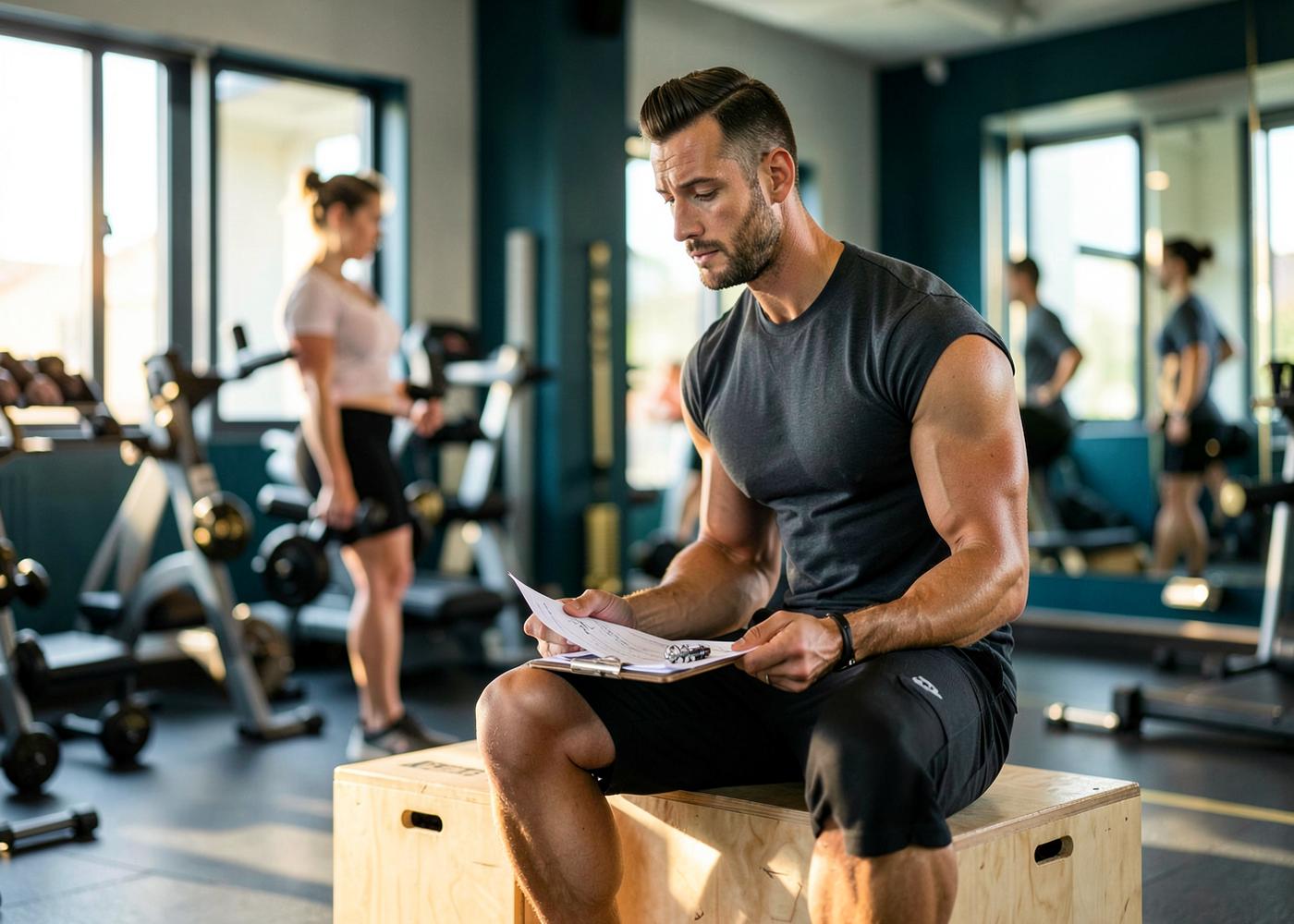 Entrenador revisando la planificación de una sesión en el gimnasio