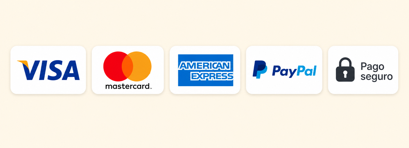 Métodos de pago disponibles mediante Hotmart: Visa, Mastercard, American Express y PayPal